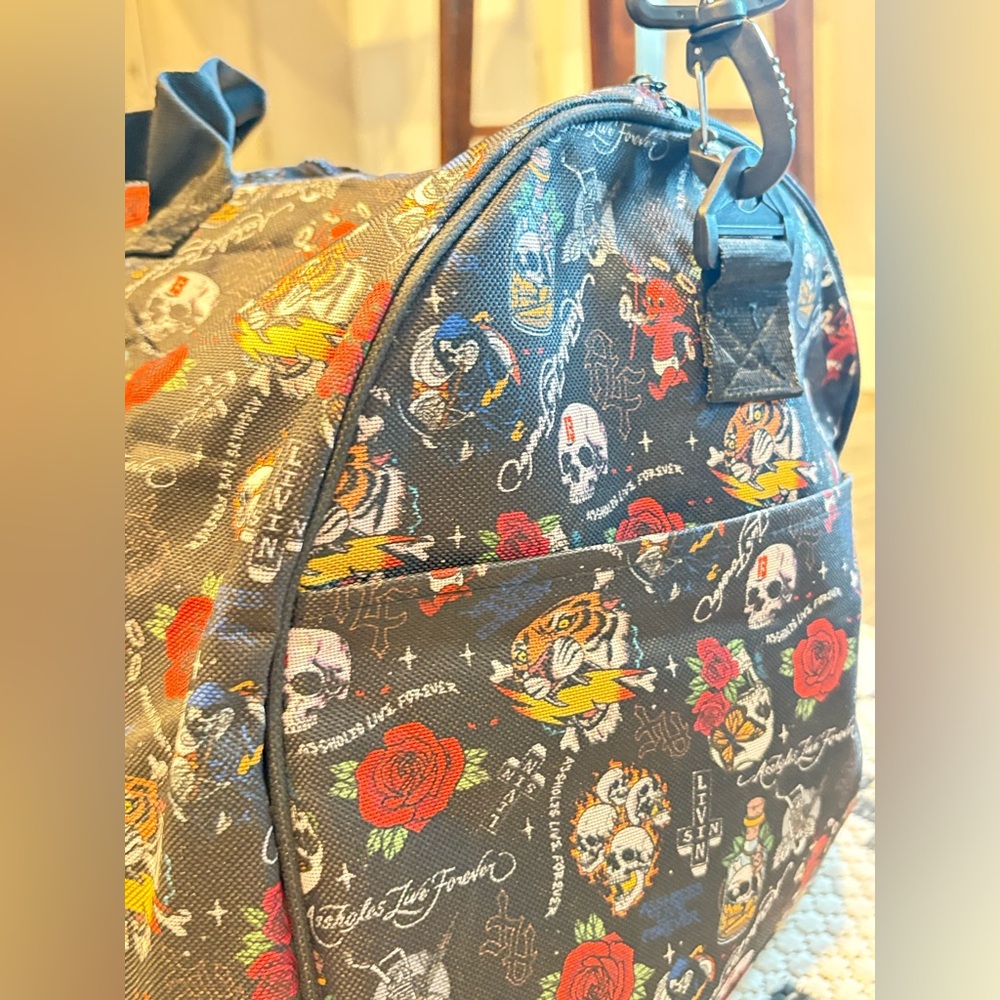 ALF Tattoo Print Embroidered Emotional Baggage Black Duffel Bag Zip Weekender - Picture 4 of 5